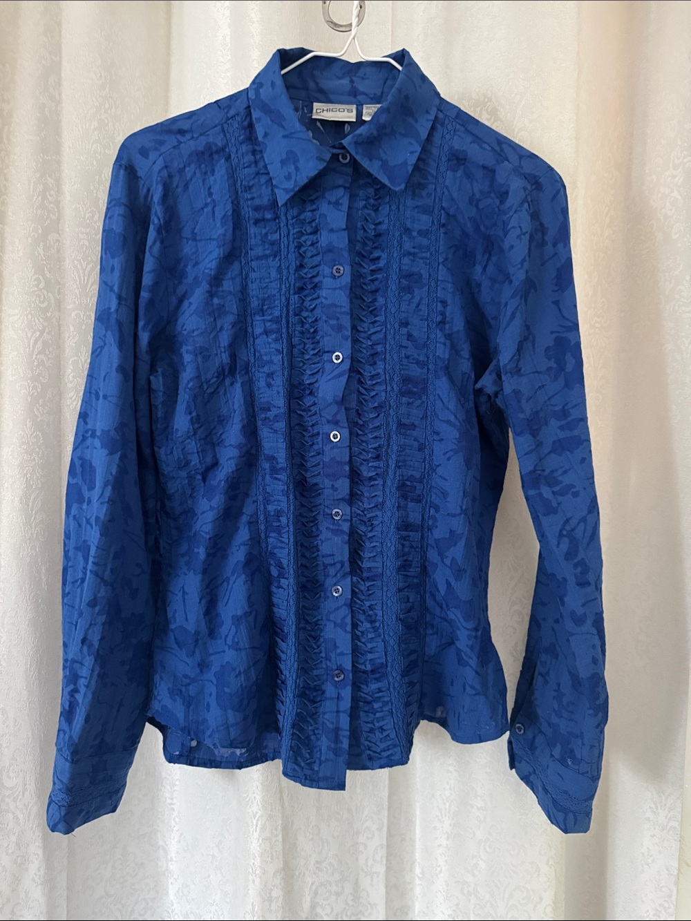 Chico's Royal Blue Ruffled Button-Down Shirt